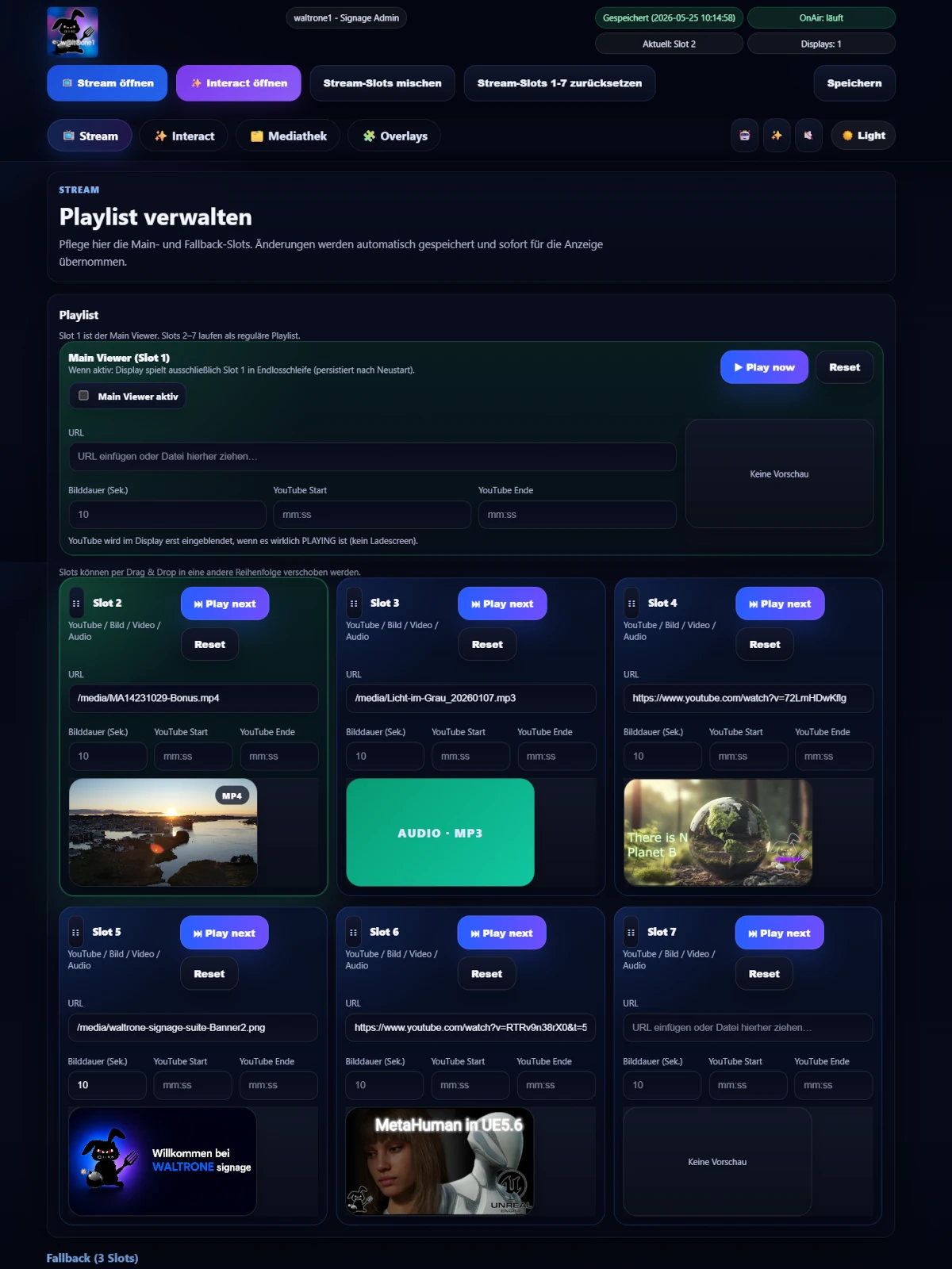 WALTRONE Admin-Dashboard mit Stream- und Display-Steuerung