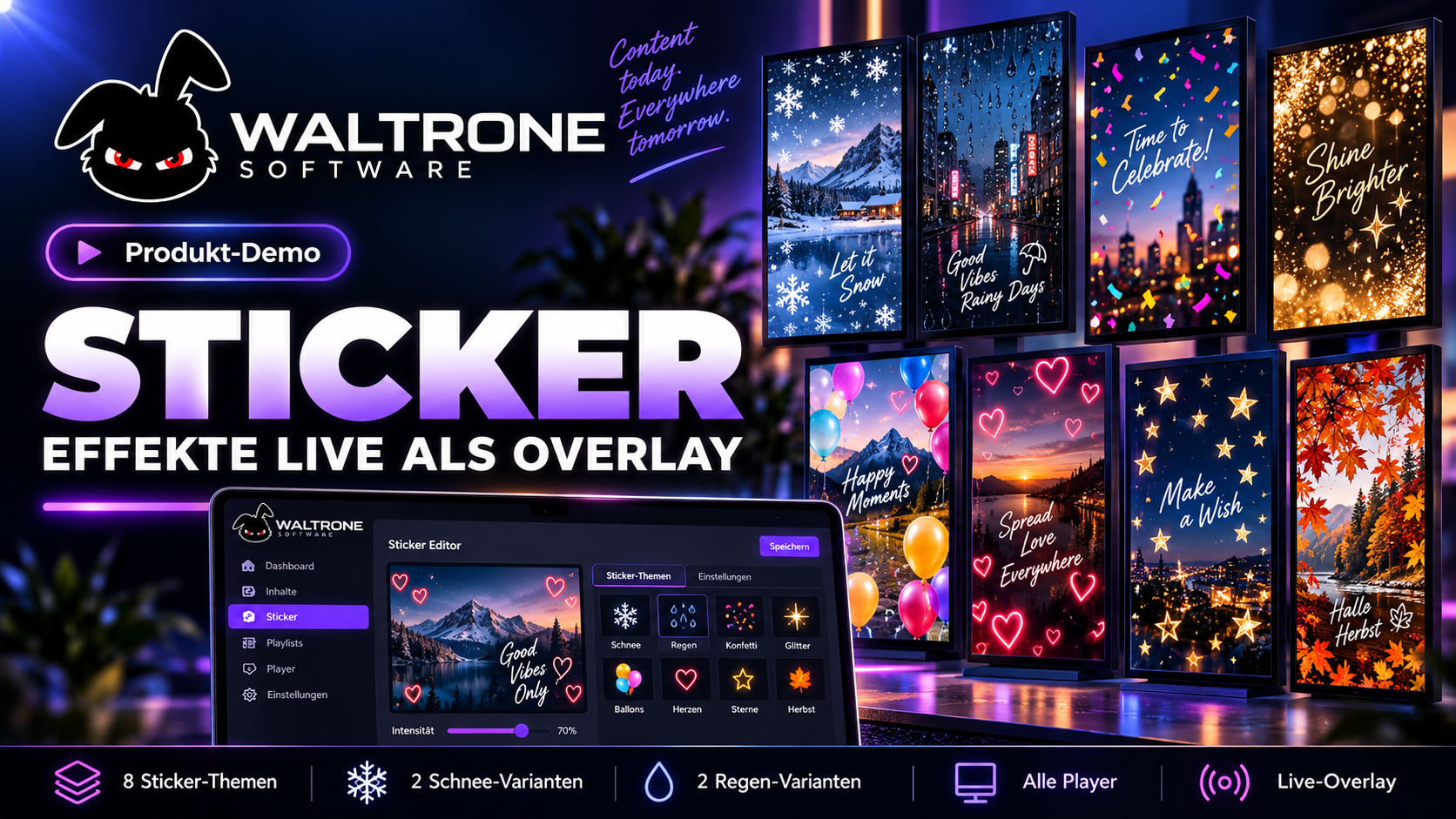 WALTRONE Sticker und Effekte Produkt-Demo mit Schnee, Regen, Konfetti, Glitzer, Ballons, Herzen, Sternen und Herbst