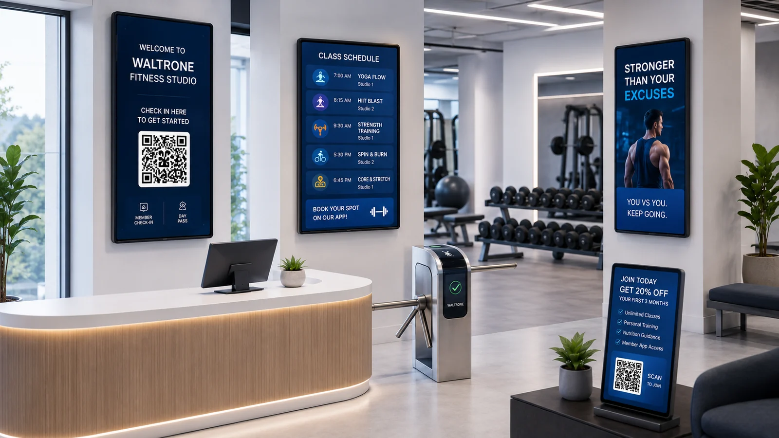 Fitnessstudio mit digitalem Display für Kursplan und QR-Code