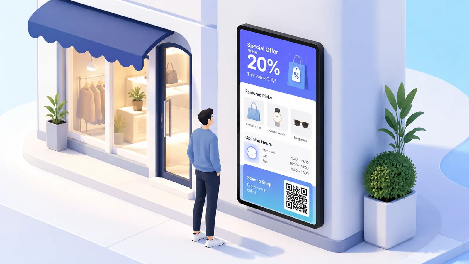 Digitaler Bildschirm im Schaufenster mit Angebot, Öffnungszeiten und QR-Code