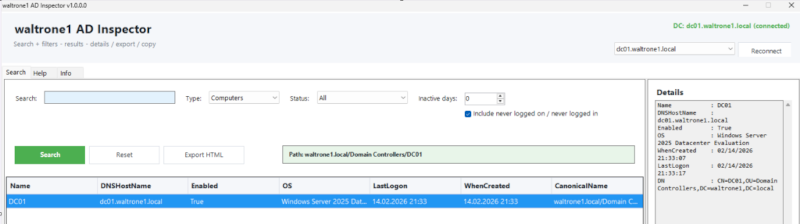 waltrone1 AD Inspector: Ansicht Computers
