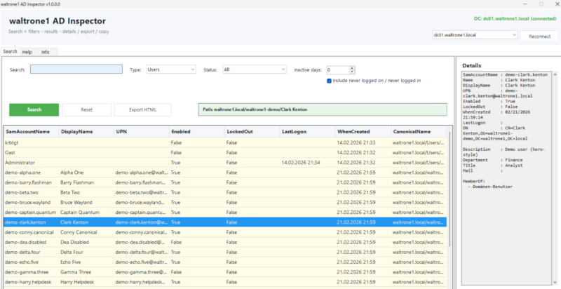 waltrone1 AD Inspector: Übersicht Users und Details